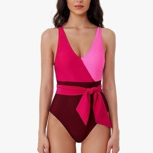 BCA Megan One Piece Swimsuit, V-Neck, Wraparound Waist Tie Size Large